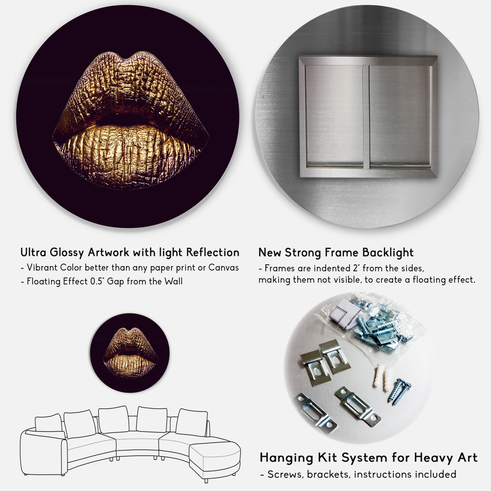 Designart 'Sexy Golden Metallized Woman Lips II' Modern Circle Metal Wall Art 11x11 - Disc of 11
