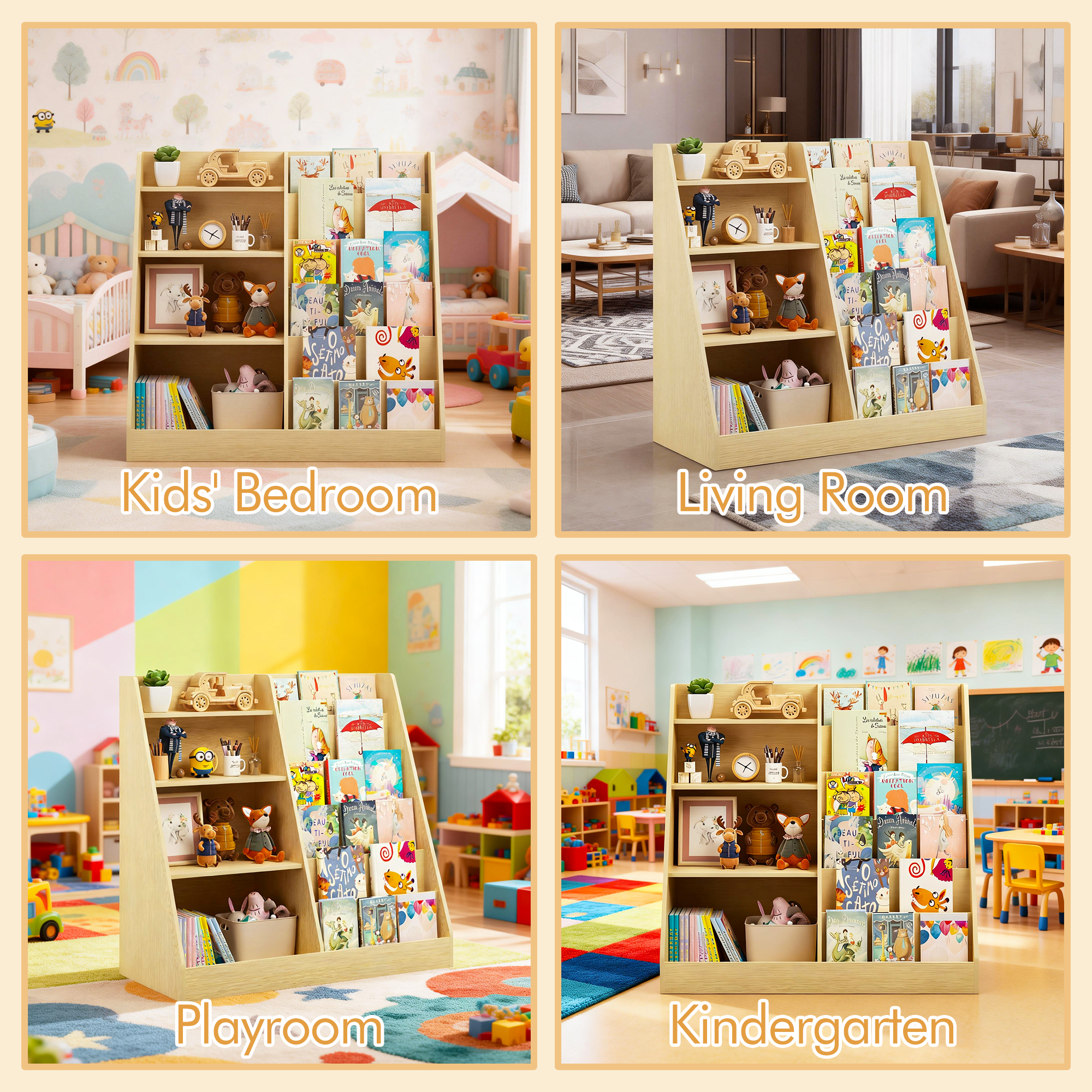 4 Tier Wooden Kids Bookshelf, MDF Multifunctional Bookcase Toy Storage Organizer with Anti-Tip Device, Display Stand for Toddlers, Ideal for Kids Room Playroom Nursery Living Room
