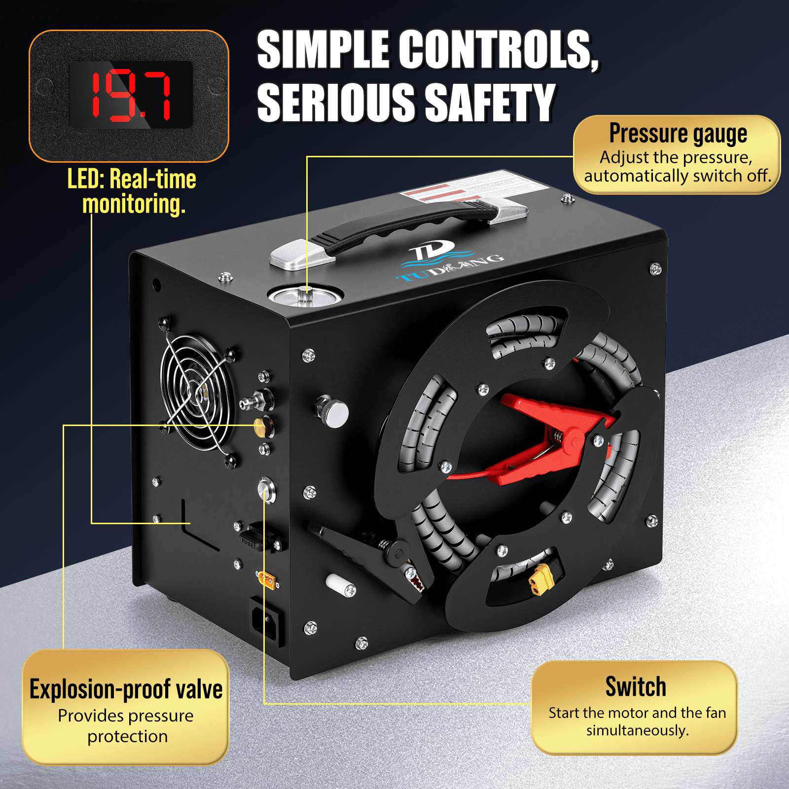 TUDIVING 4500 PSI PCP Air Compressor, Auto-Stop Portable Air Pump, 12V DC/110V AC with Built-in Converter for PCP Air Rifles