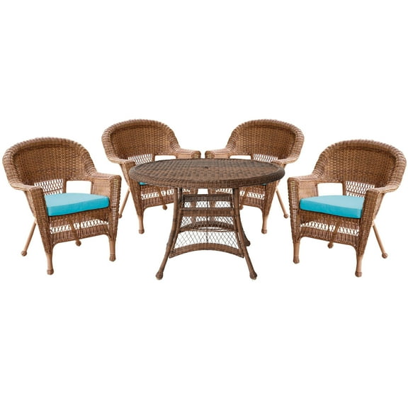 Jeco 5pc Honey Wicker Dining Set - Sky Blue Cushions
