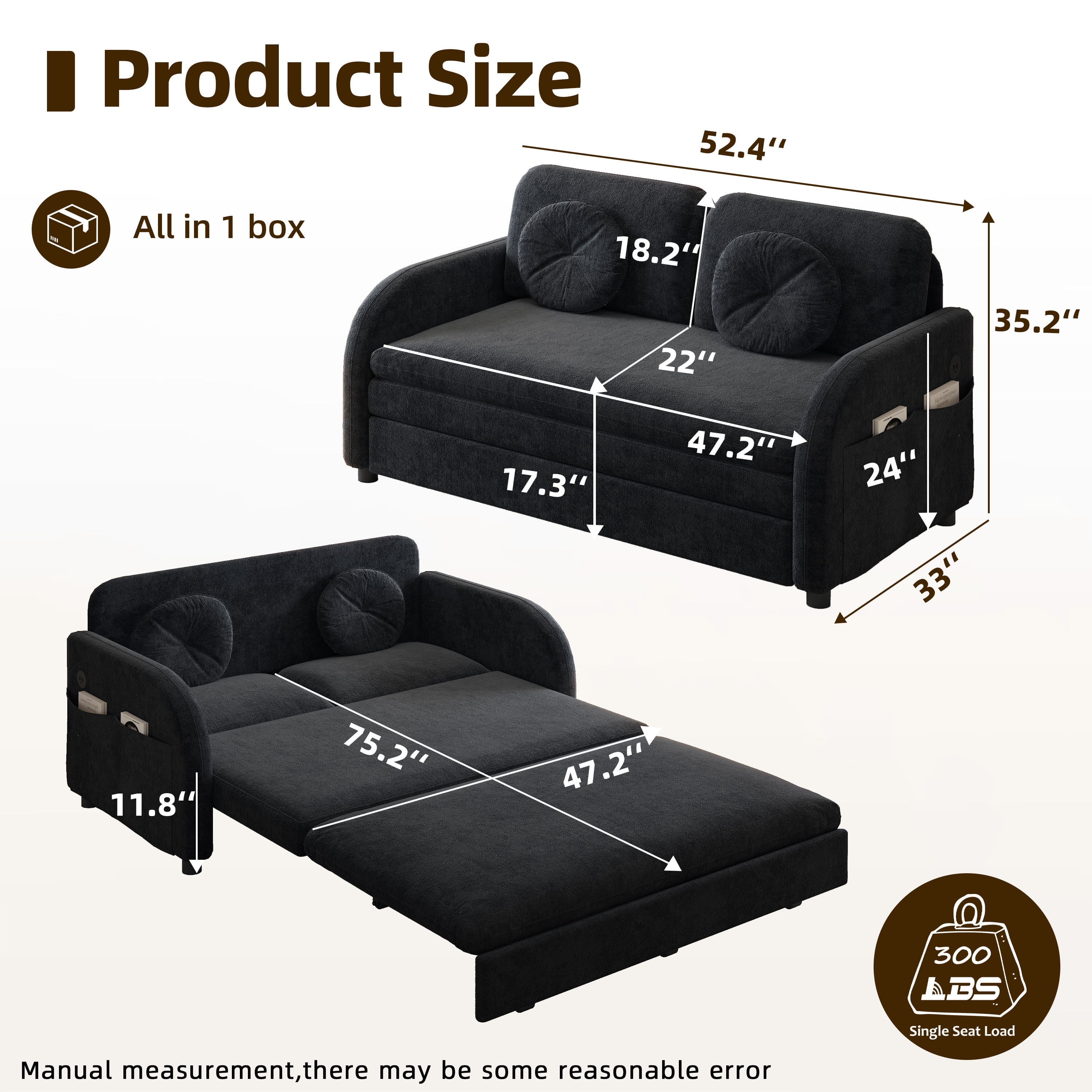 Alvantor 52" W Convertible Sleeper Sofa Bed Chenille Pull Out Loveseat with Side Pocket & USB Port & Pillows for living room, Apartment, Black