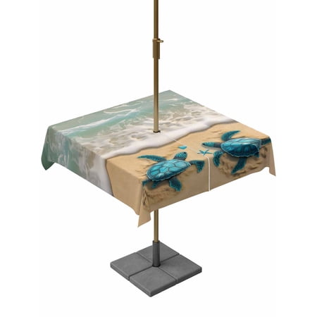 Outdoor Tablecloth with Umbrella Hole and Zipper, Blue Sea Turtle Summer Beach Square Waterproof Table Cover 54x54in Washable Table Cloth for Patio Picnic Party Teal Green Ocean Waves
