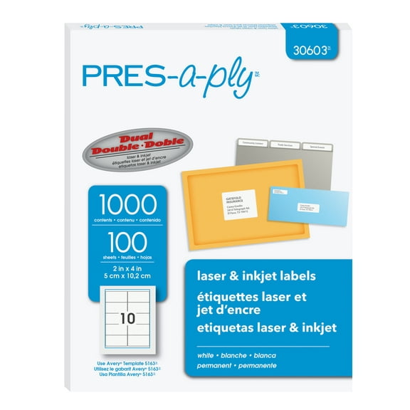 PRES-a-ply Laser Shipping Labels 2 x 4 White 1000/Box 30603