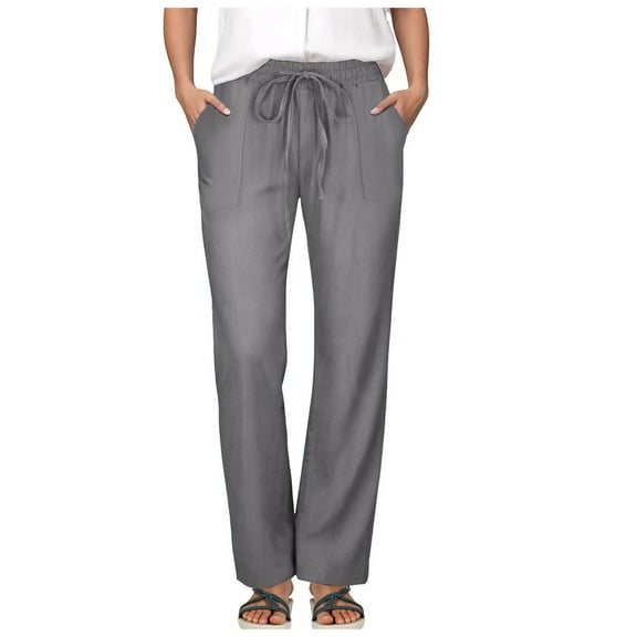 Ramiter Women's Pants Casual Petite And Straight Solid Elastic Long Drawstring Linen Waist Cotton Trousers Grey,L