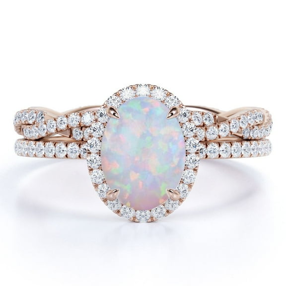 JeenMata Antique 1.50 ct Oval Cut Opal and Moissanite Wedding Ring Set in 18K Rose Gold over Silver