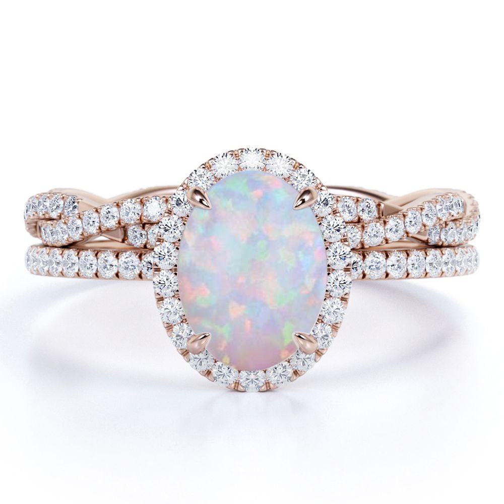 JeenMata Antique 1.50 ct Oval Cut Opal and Moissanite Wedding Ring Set in 18K Rose Gold over Silver