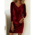 thumbnail image 4 of Velvet Dress for Women Casual Shirt Dresses Elegant Cocktail Long Sleeve Maxi Dress Wine Red M, 4 of 5