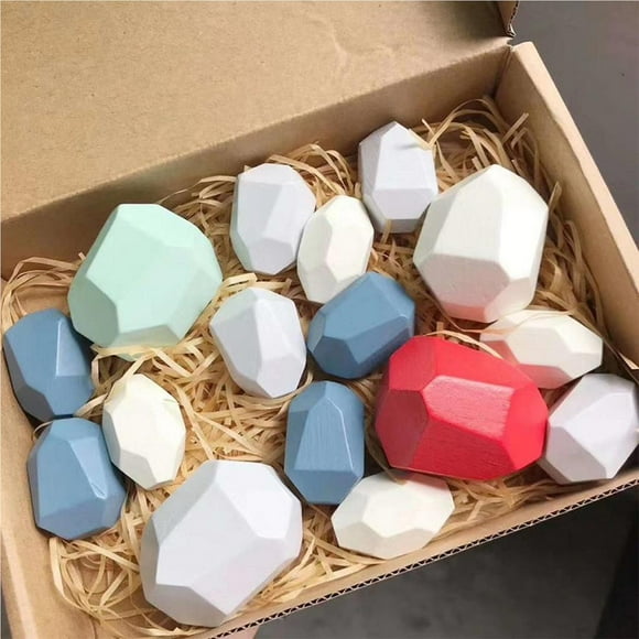 mmirethe 16 pcs Colorful Wood Stone Balancing Blocks Nordic Natural Wood Toy Stones Stacking Game Rock Blocks Educational Toy