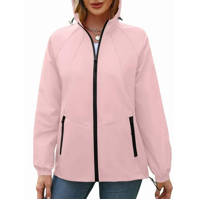 Chaqueta Impermeable para Mujer, Cortavientos, Impermeable, con Capucha, Plegable y Bolsillos. Rosa XL