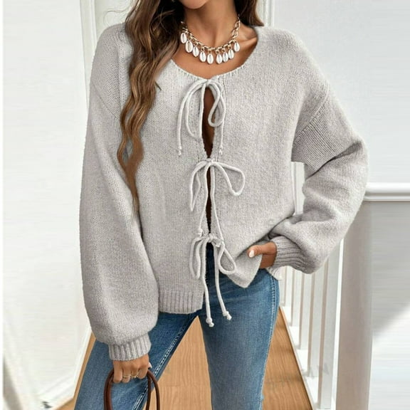 TrdSipl Women's Tie Front Cardigan Sweaters Cute Bowtie Long Puff Sleeve Sweater Winter Loose Ribbed Knit Fashion Jacket Coat Gray L