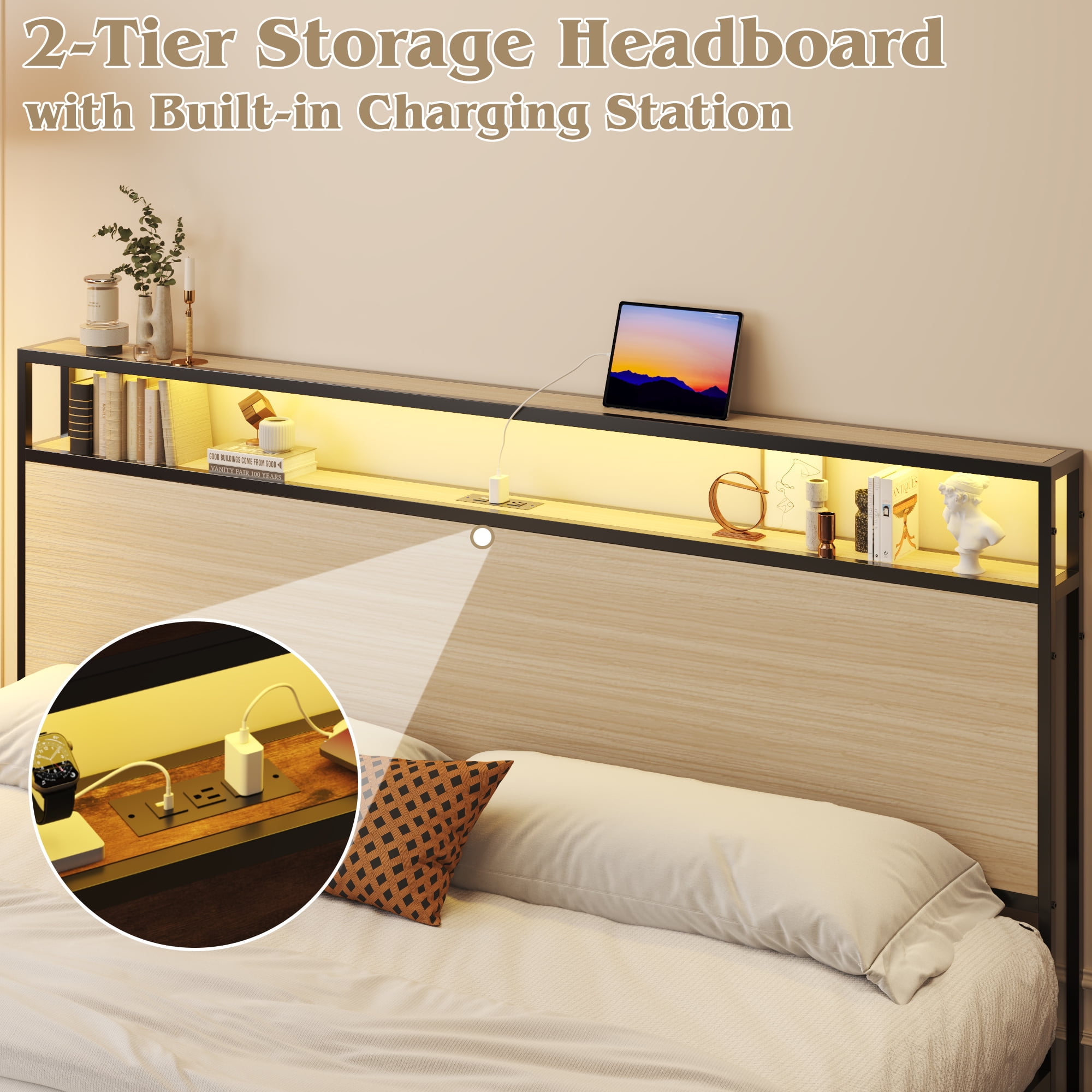Fluest King Bed Frame with 2-Tier Storage Headboard, USB Port and LED Light, 4 Storage Drawers, Beige