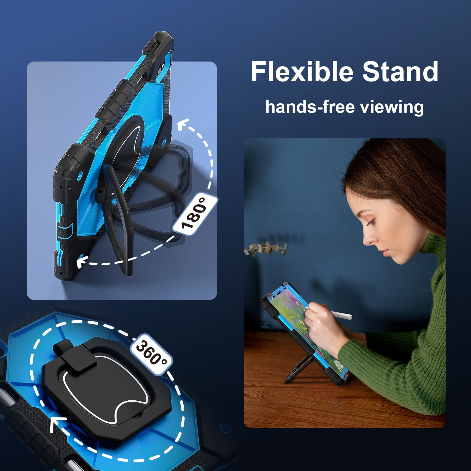 Dteck with Pencil Holder Case for iPad Pro 11-inch 4th 3rd 2nd 1st Gen,iPad Air 5th/4th Generation Heavy Duty Silicone Case 360 Degree Rotating Handle Stand Cover with Shoulder Strap,Black+Blue