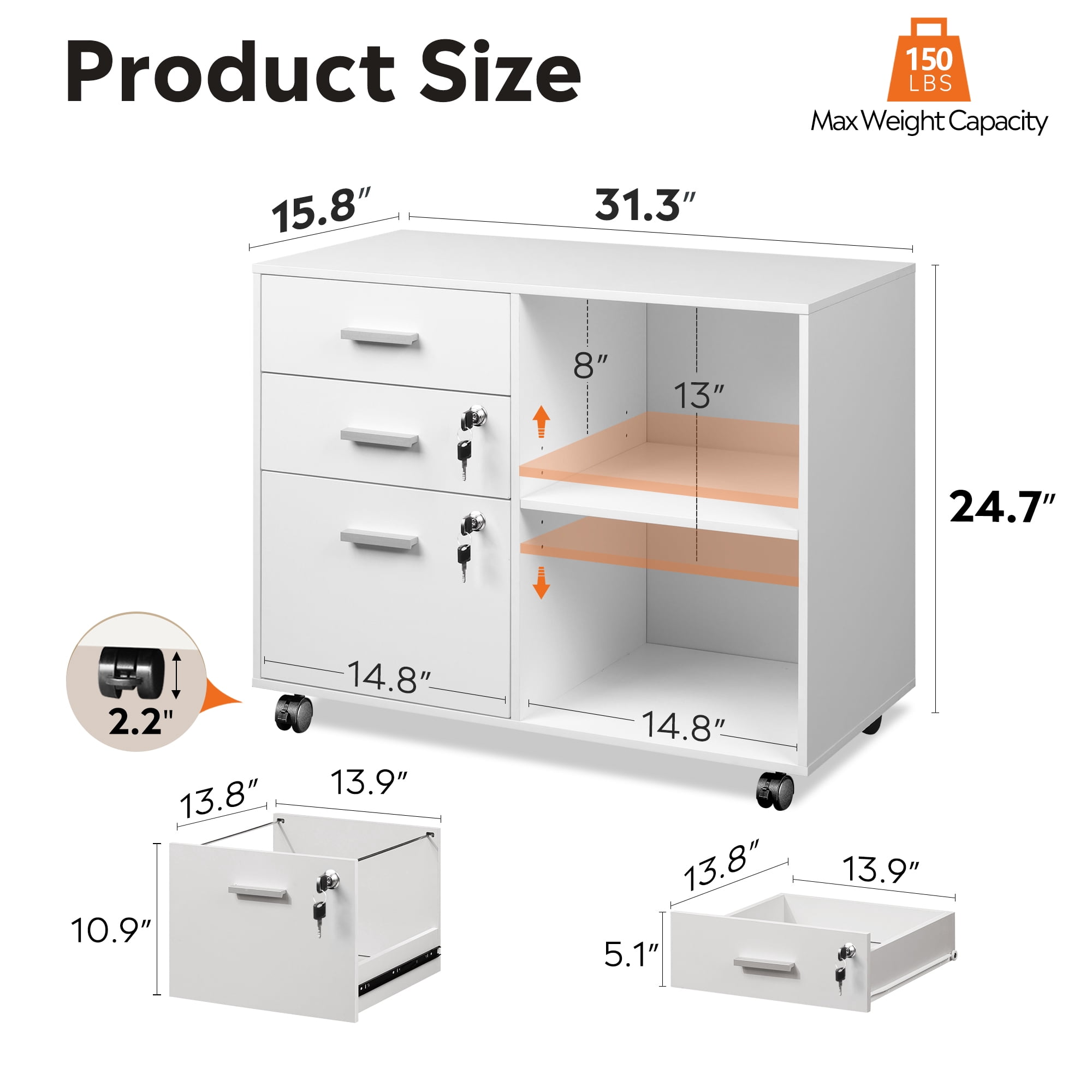 GALAXHERO 3-Drawer File Cabinet with Lock and Key, Mobile Wood Lateral Filing Cabinet & Printer Stand with Open Shelves for Home Office, White