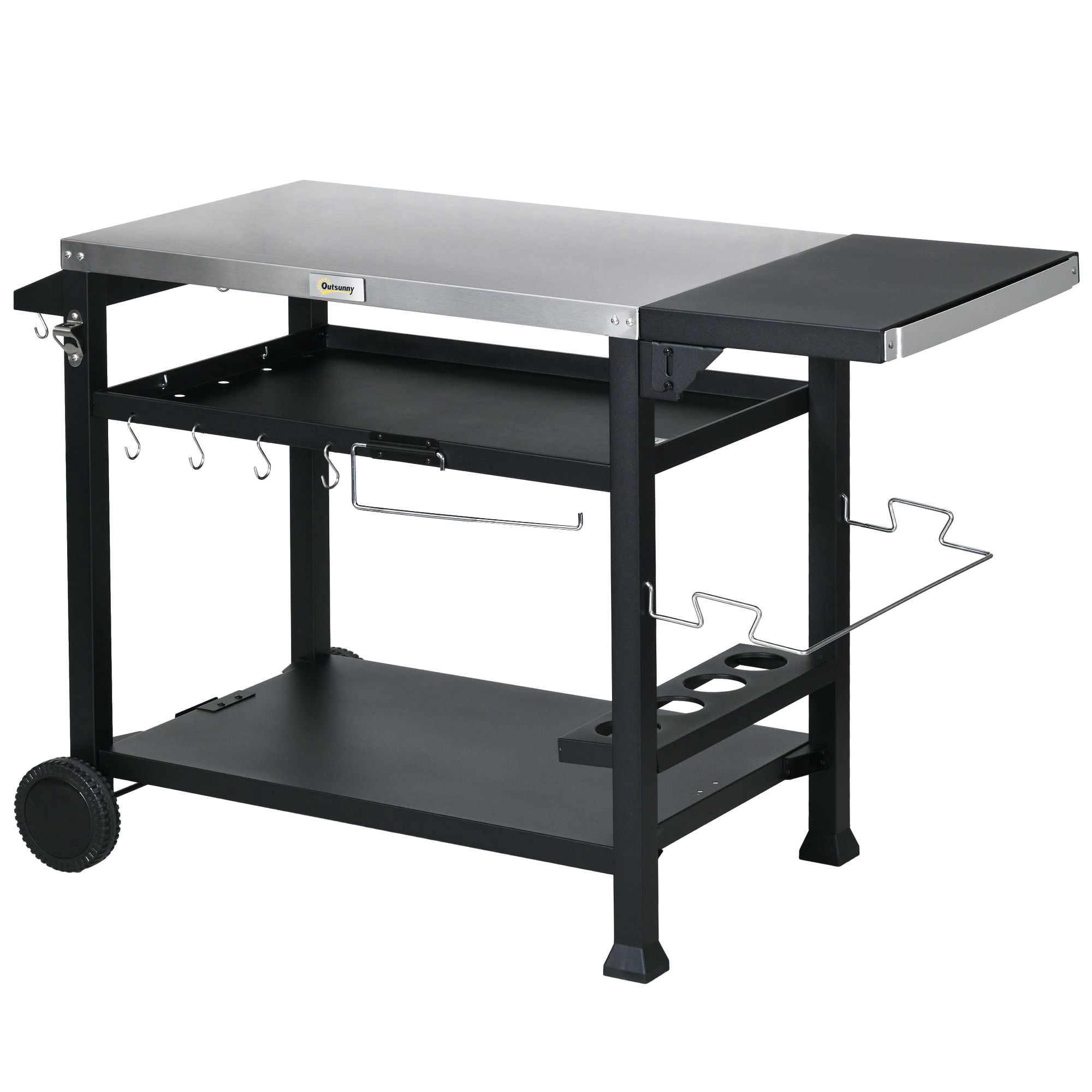 Outdoor Grill Cart with Stainless Steel Top, Solid Wood Outdoor Kitchen Island with Wheels, Natural Wood