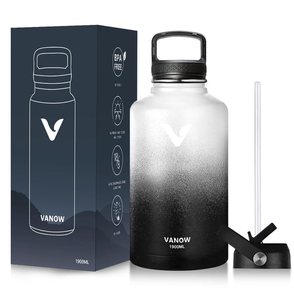 Termo de Acero Inoxidable, Termo de Agua con 2 Tapas, para Agua Fría (24 horas) o Caliente (12 horas), Doble Pared y Tapa Hermética Antigoteo, con Asa para Transportar (1900ml/64