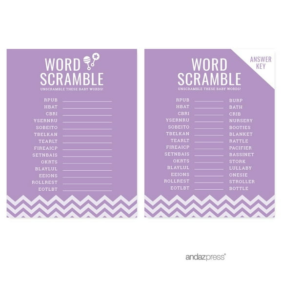 Word Scramble Game Cards Lavender Chevron Baby Shower Games, 20-Pack