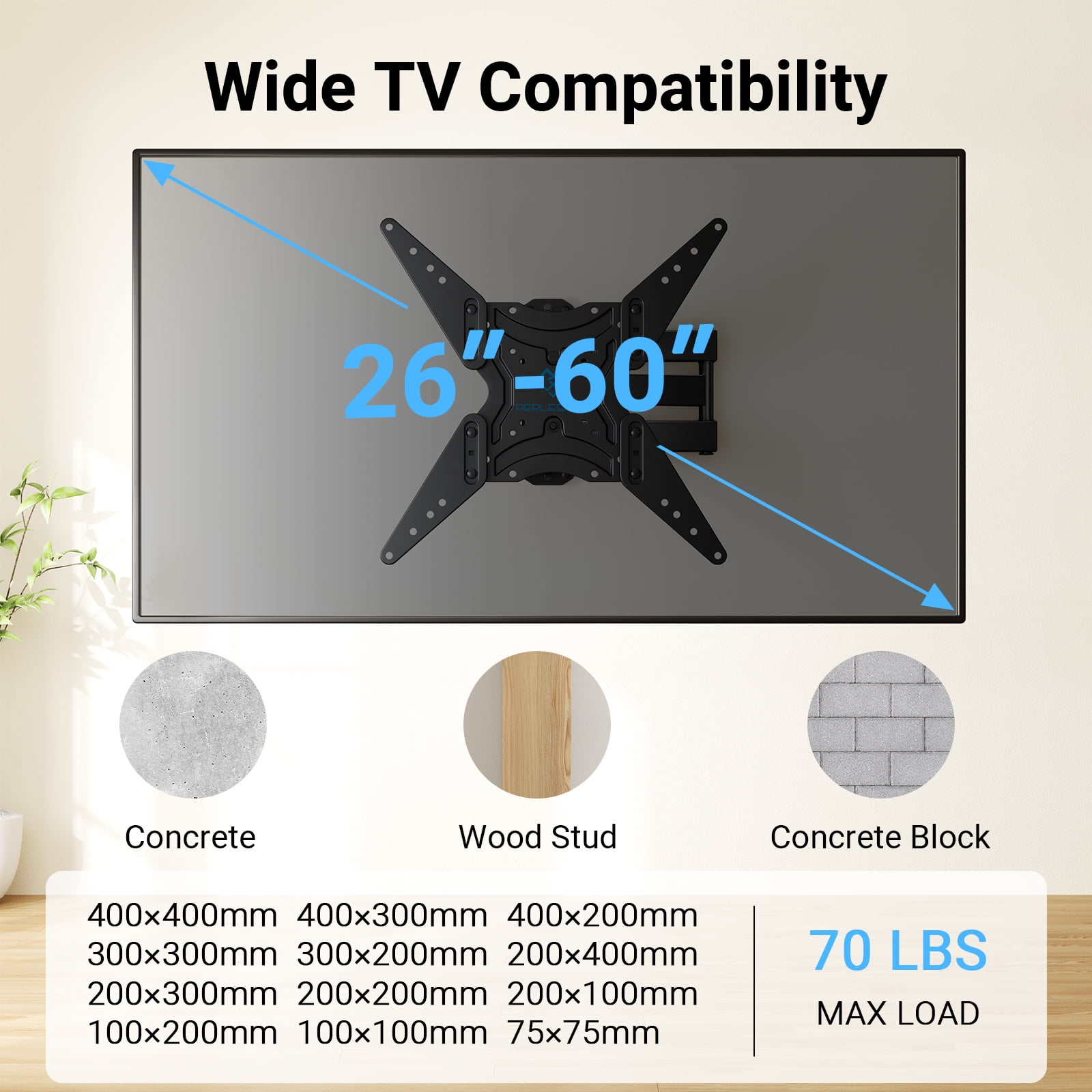 PERLESMITH Full Motion TV Wall Mount for 26"- 60" TVs, 70 lbs Capacity, UL Listed, PSMFK18B