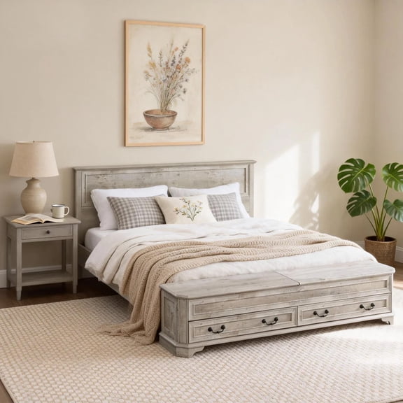 OKD King Size Bed Frame with Minimalist Headboard & Storage Bench, Farmhouse Queen Size Platform Bed W/ 4 Large Storage Drawers, Light Rustic Oak