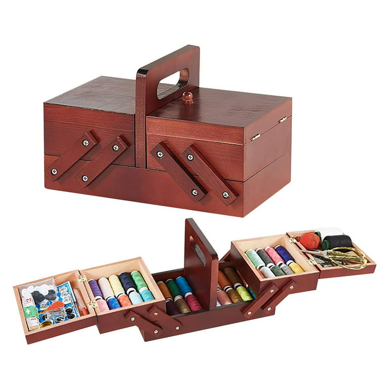 Large Sewing Box with Accessories Sewing Storage and Organizer with  Complete Sewing Kit Tools - Wooden Sewing Basket with Removable Tray and  Tomato