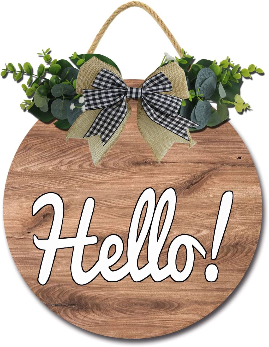 Eveokoki 11" Hello Sign, Hello Front Door Round Wood Sign Hanging,Wooden Hello Sign Front Door