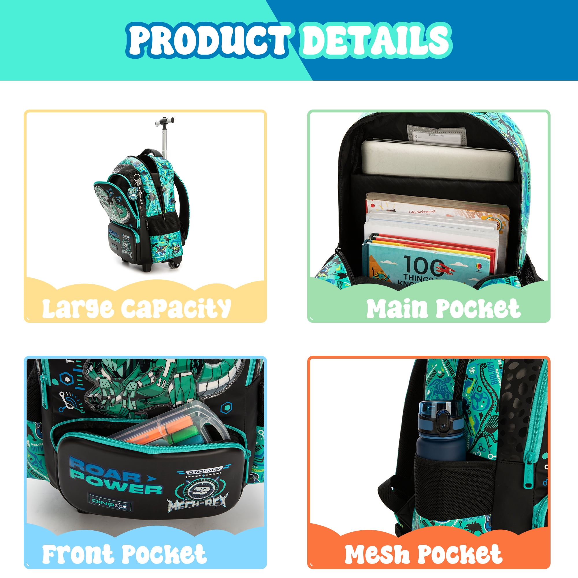 Dinosaur Rolling Kids Backpack for Boys Roller Backpacks 3-Piece School Bags with Lunch Box Pen Bag for Elementary Students Bookbag Ages 6-12