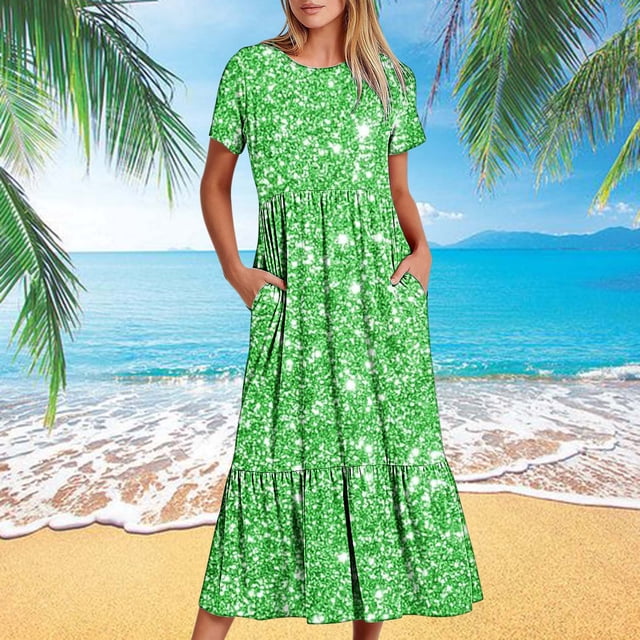 Fshaion Robe d'Été pour Femmes 2024 Grande Taille Décontractée Manches Courtes Col Rond Robe Fluide à Étages Maxi Robe de Plage avec Poches Imprimé Brillant Liquidation Moins de 10!