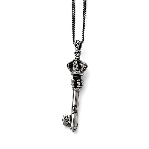 Stainless Steel Polished and Antiqued Crown Key Necklace - 20 Inch