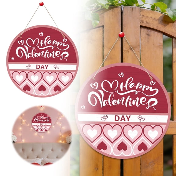 Junepar Valentines Day Decorations 10" Round Happy Valentines Wreaths Heart Door Decor Hanging Sign Wooden Front Door Hanger Wreath for Porch Wall Indoor Home Decor