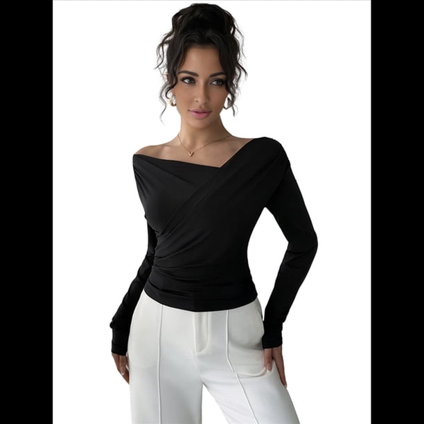 Tops con Hombros Descubiertos para Mujer, Camisas de Discoteca de Larga, Ajustadas y de Moda para y Otoño Negro L