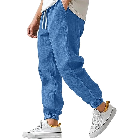 Mens Cotton Linen Pants Casual Elastic Waist Drawstring Yoga Joggers Summer Vacation Beach Pants Tapered Trousers, L