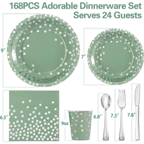 YUYAN-Paper Plates - 168pcs Disposable Party Supplies, Sage Green and Silver Plates for Birthday, Wedding, Baby Shower Parties