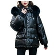 thumbnail image 3 of Jinhomg Trendy Winter Jacket for Women Plus Size Casual Faux Fur Trim Hooded Puffer Coat Warm Cozy Long Sleeve Double Closure Outerwear with Pockets Black XXXXL, 3 of 10