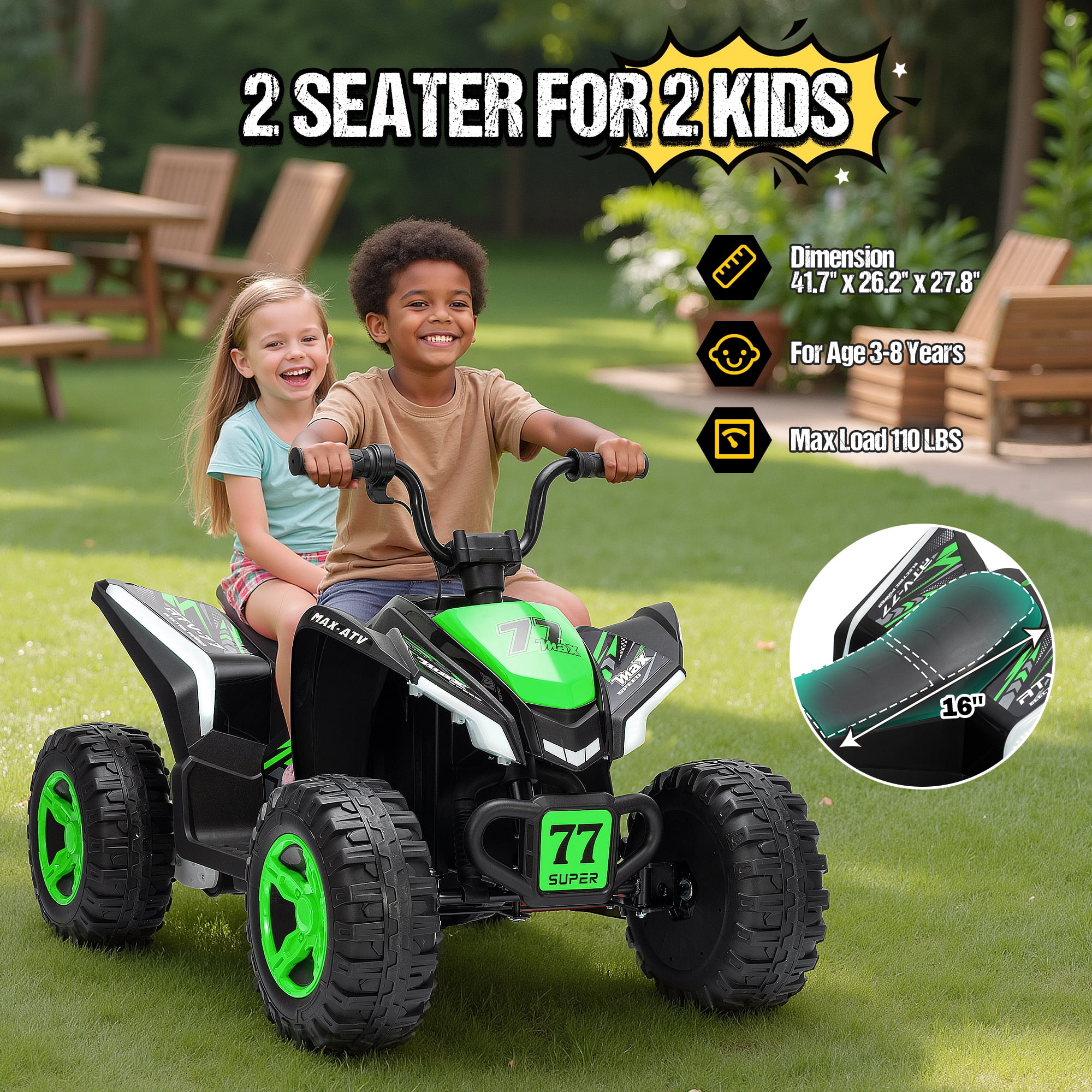 Kids ATV 4 Wheeler, Two Seater 24V Ride On Toy for Big Kid w/Unique LED Light, Music, Wireless, Story, 24 Volt Ride on Car Electric Quad for Boys Girls, Green
