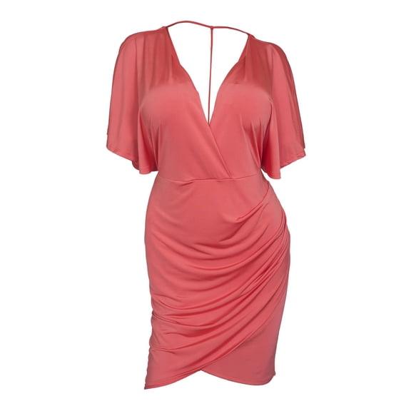 eVogues Plus size Deep V-Neck Wrap Bodice Dress Coral 18528