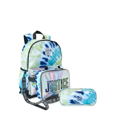 Justice Girls 17" Laptop Backpack, Lunch Tote and Pencil Case, 3-Piece Set Metallic Print Blue Tie Dye