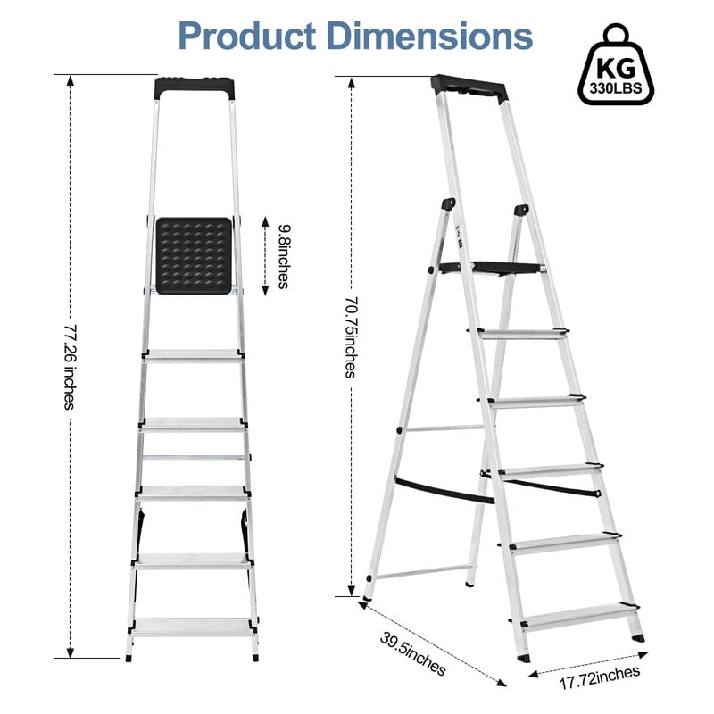 Gianna 6 Step Ladder, 330lbs Folding Step Stool with Anti-Slip Wide Pedal Handrails, Aluminum Stool Ladders, Safety Household Ladder for Home Kitchen Courtyard Outdoor