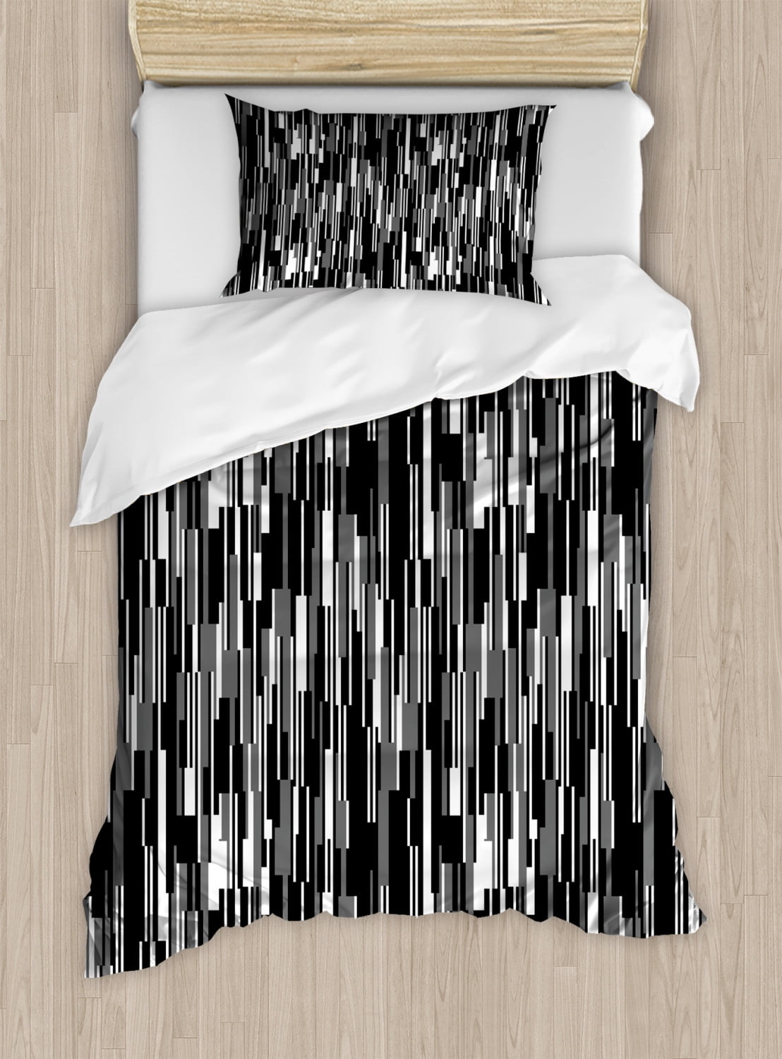 Black and White Twin Size Duvet Cover Set, Barcode Pattern Abstraction