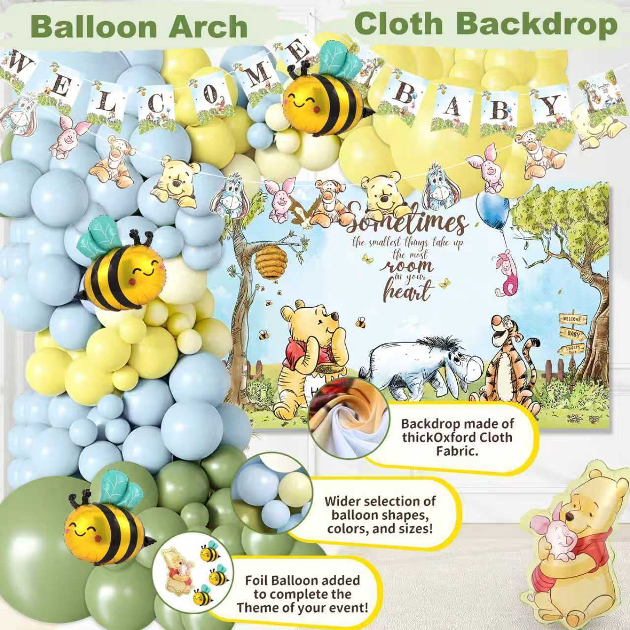 271 Pc Classic Winnie the Pooh Baby Shower Decorations for Boy, Blue Vintage Pooh Bear Balloon Arch Kit with Backdrop, Banner, Baby Boxes, Sash and Table Decorations