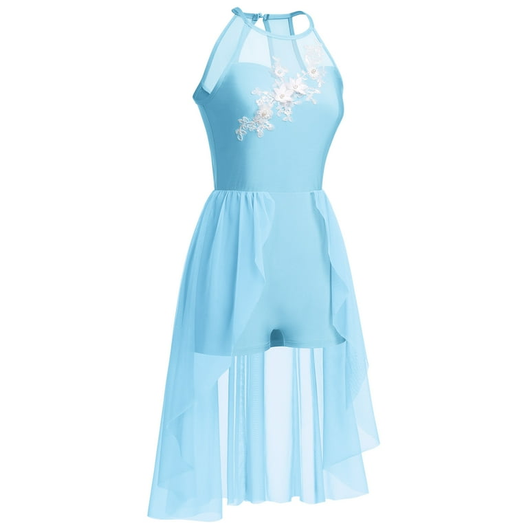 IBTOM CASTLE Women Lyrical Dance Costumes Lace Flower Embroidery Spliced  Tulle Dress Flowy Chiffon Leotard Skirt XS Light Blue - Walmart.com