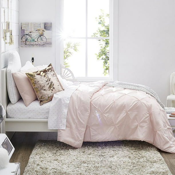 The Starter Pak Blush Pink Kiss Pleat 16 Piece Bedding Comforter Set Twin Xl Including Bonus Mattress Pad Pillow Blanket And 100 Cotton Towel Set By Ocm Walmart Com Walmart Com