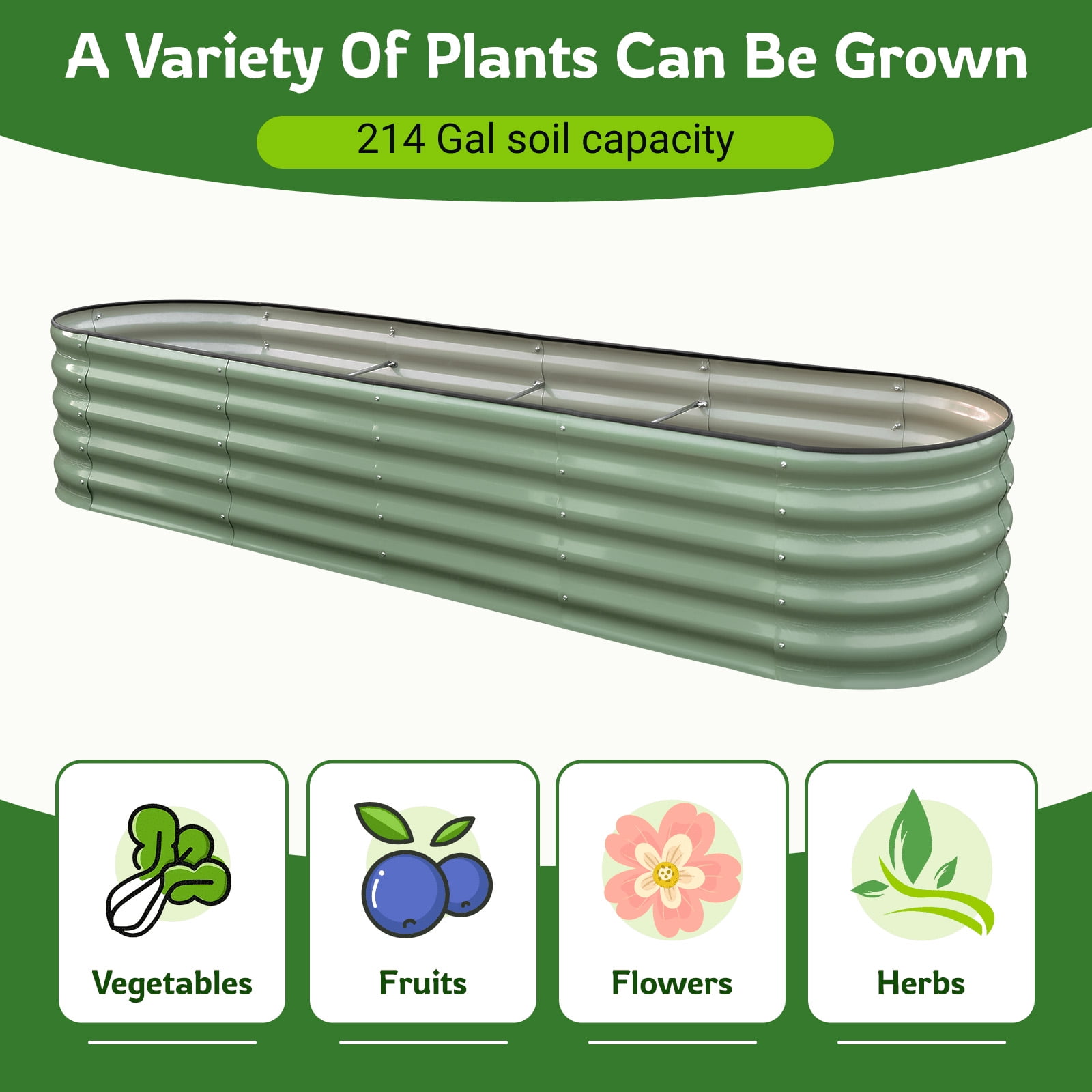 HOOFUN 17" Tall Metal Raised Garden Bed, 9 in 1 Garden Raised 8ftX2ft Garden Bed Kits for Vegetables Flowers, Oval Outdoor Planter Box w/ 6 Support Bars - Olive Green