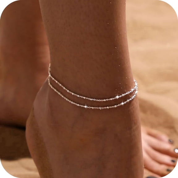 GOSFRY Silver Plated Ankle Bracelets for Women,Waterproof Layered Square Summer Beach Jewelry Gifts