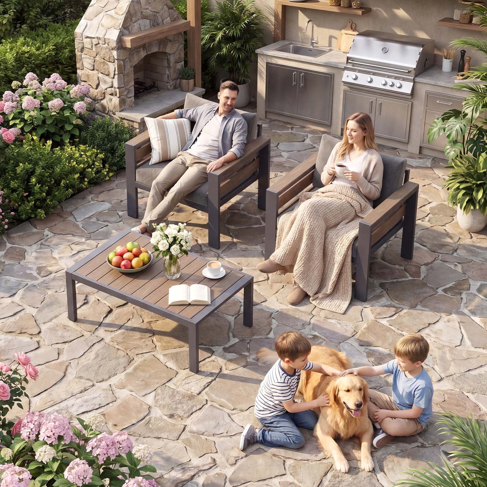 ABORON Patio Furniture Set, Patio Conversation Sets Sectional Sofa with 27" Deep Seating, 2-Seater Outdoor Patio Furniture Set w/ Coffee Table and All-Weather Thick Cushion, Easy Assembly