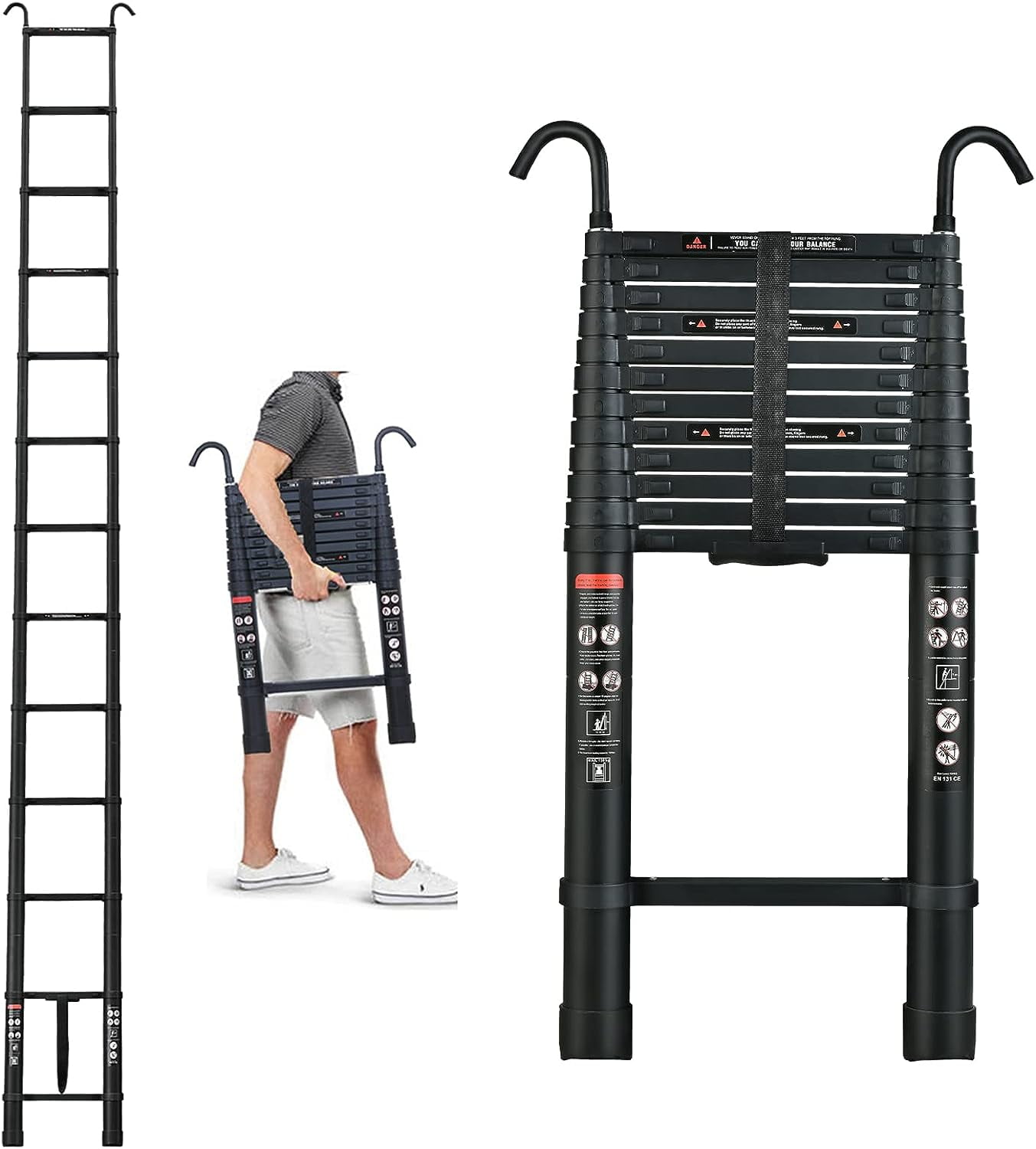 16.5FT Telescoping Ladder with Ladder Hooks 2.8", Aluminum Telescopic Extension Ladder Rv Ladder