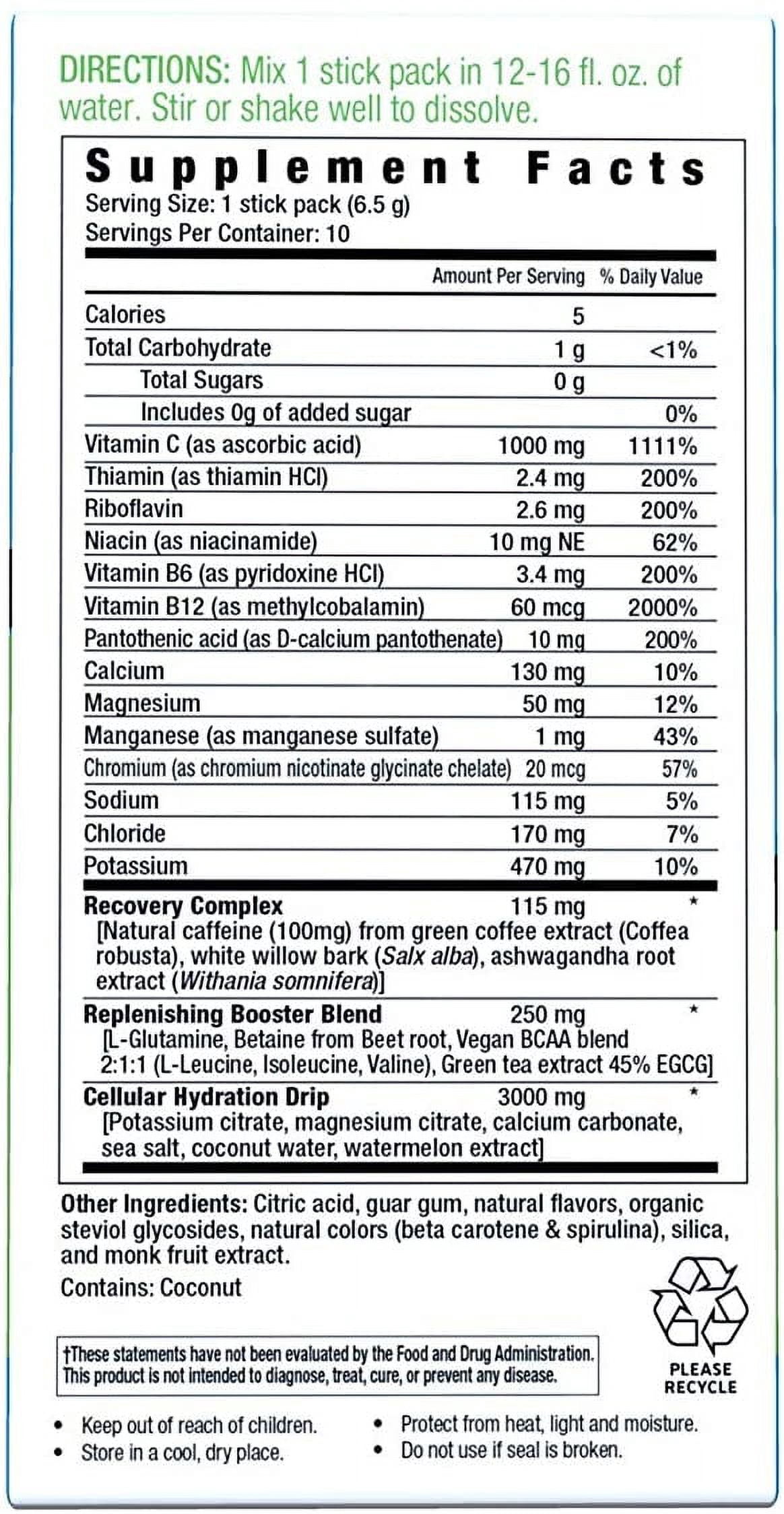 Vitamin Hydrate Electrolyte Drink Mix, Recovery, Lemon Lime, 10 Ct