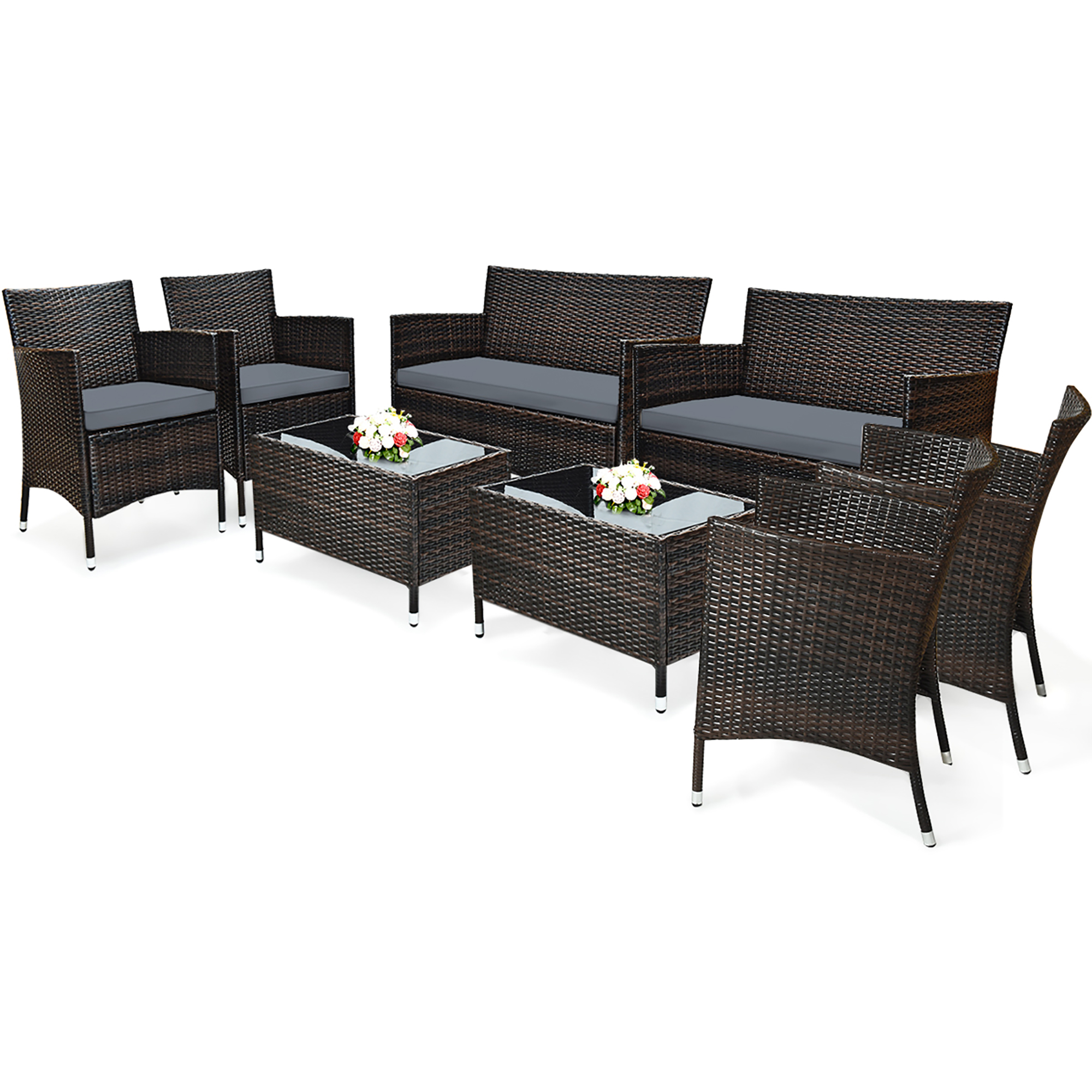 Costway 8PCS Rattan Patio Furniture Set Cushioned Sofa Chair Coffee Table Garden Grey - image 2 of 10