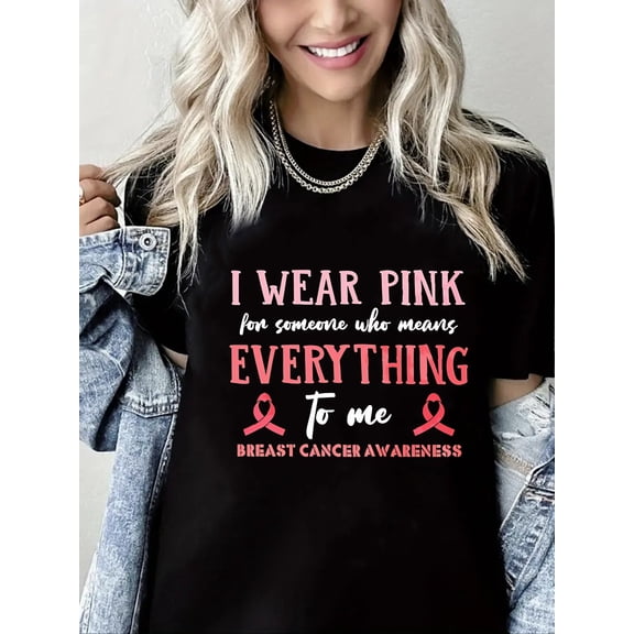 Breast Cancer Tshirt Pink Ribbon Print Short Sleeve Shirt for Women