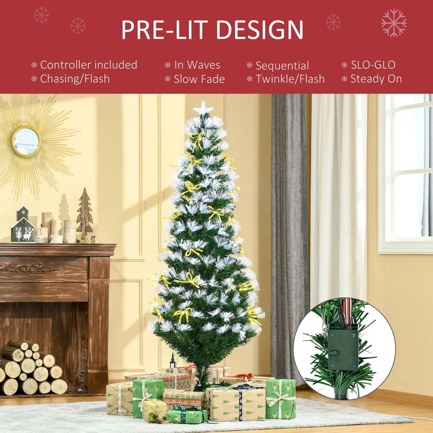 HOMCOM 6FT Prelit Artificial Christmas Tree Fiber Optic LED Light Holiday Home Xmas Decoration with Foldable Feet, Green