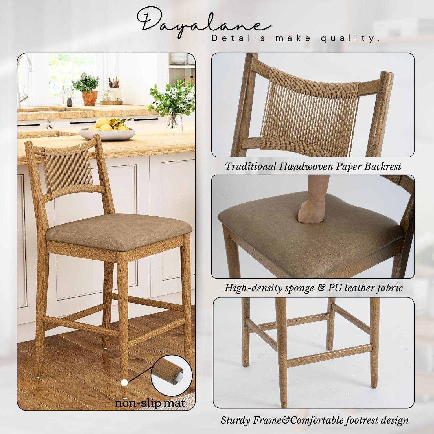 Dayalane Farmhouse Bar Stools Set of 6, 25.5" Counter Height Bar Stools with Paper Cord Woven Back Solid Wood Frame, PU Leather Upholstered Kitchen Island Chairs for Dining Room Home Bar, Brown