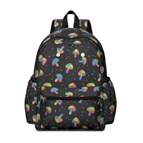 Mushroom and Dots Black Pattern Cute School Backpack with Padded Back and Adjustable Shoulder Straps 13.4"x11"x4.7"